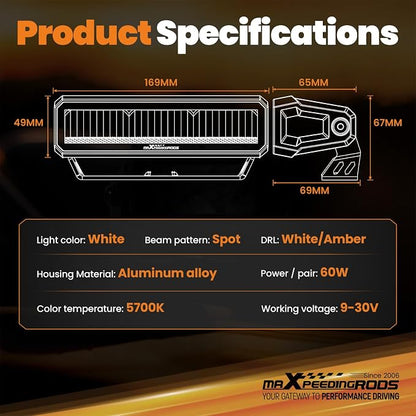 maXpeedingrods 2X 6.7 Inch LED Light Bar, Offroad Lights with Amber/White DRL 60W, 6000LM Spot Fog Lights With Wiring Harness, IP67 Waterproof Pod Lights for Jeep Truck Pickup SUV ATV UTV Motorcycle