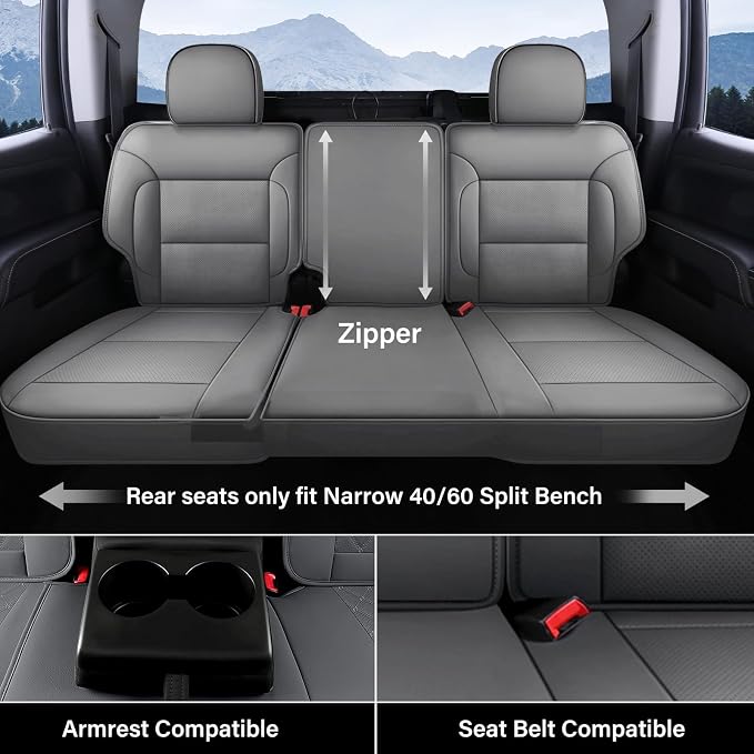 Coverado Silverado Seat Covers Full Set, Faux Leather Car Seat Covers Fit for Chevy Silverado GMC Sierra 2007-2013 & 2019-2026 1500, 2020-2026 2500HD 3500HD Crew Double Extended Cab(Gray)