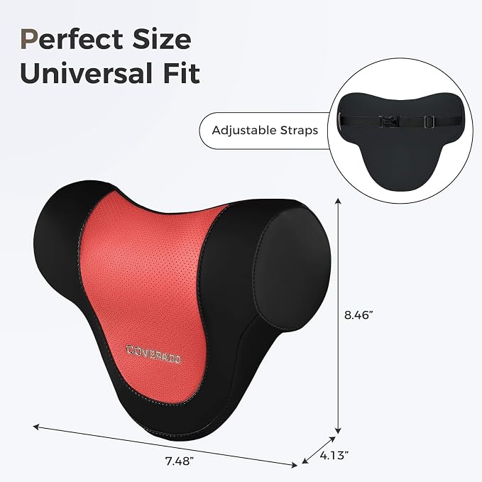 Coverado Car Headrest Pillow, Ergonomic Memory Foam Car Neck Pillow for Driving Seat with Adjustable Strap, Soft PU Leather Breathable Removable Cover Neck Support for Neck Pain Relief, BlackRed