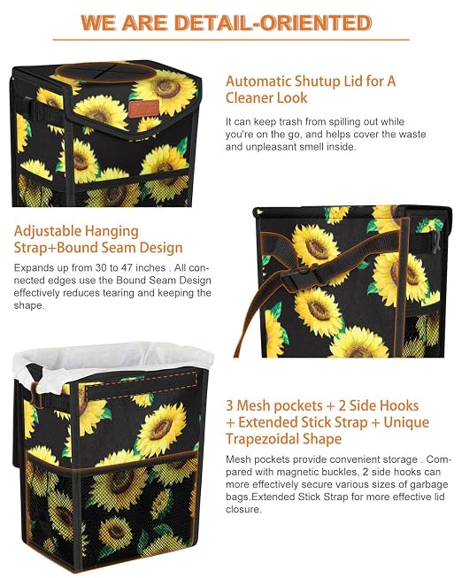 Pritent Car Trash Can with Lid, Cute Leakproof Car Trash Garbage Bag Hanging Vehicle Trash Bin Small Portable Automotive Garbage Cans Organizer for Back/Front Seat/Console(2.8 Gallons,Sunflower)