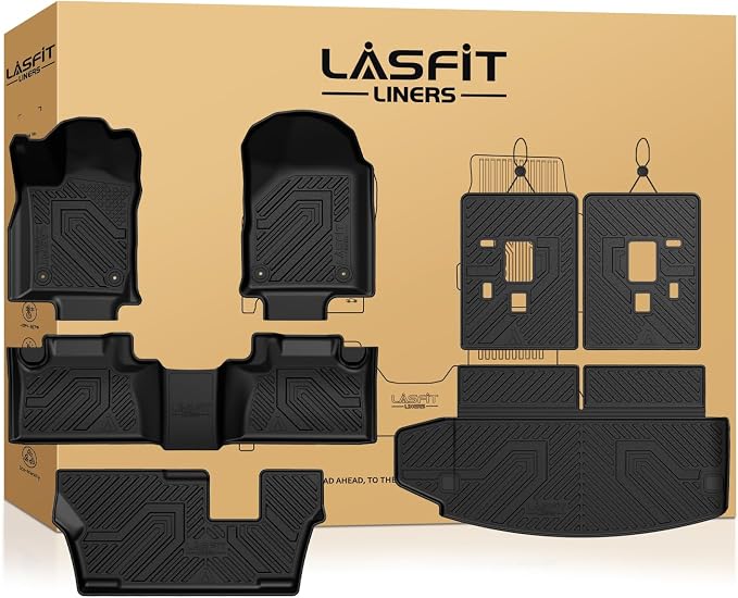 LASFIT Floor Mats&Trunk Mat&Backrest Mats for Dodge Durango 2013-2026, Fit 2nd Row Bench Seat(7seats), Not for 2nd Row Bucket Seat(6seats/5 Seats), All Weather TPE Custom Fit Cargo Liner, Black