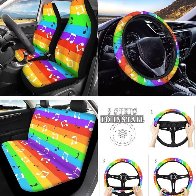 10 Pcs Rainbow Flag Music Note Car Seat Covers, Colorful Stripe Cars Accessories Steering Wheel Cover & Seat Belt Pads, LGBT Gay Pride Keyring Coaster