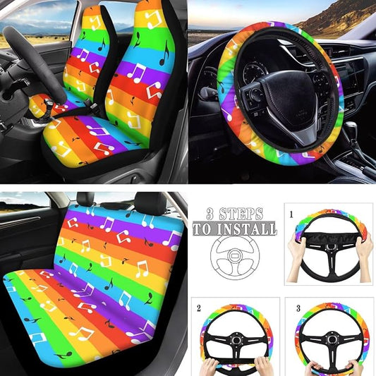 10 Pcs Rainbow Flag Music Note Car Seat Covers, Colorful Stripe Cars Accessories Steering Wheel Cover & Seat Belt Pads, LGBT Gay Pride Keyring Coaster