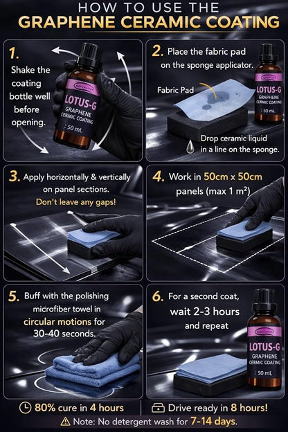 Lotus-G Graphene Ceramic Coating Kit Ceramic Coating & IPA Cleaner 3-Year Paint Protection, 9H Hardness, High Gloss, UV Shield, Super Hydrophobic Car Detailing Set with Towels & Pads, 50ml