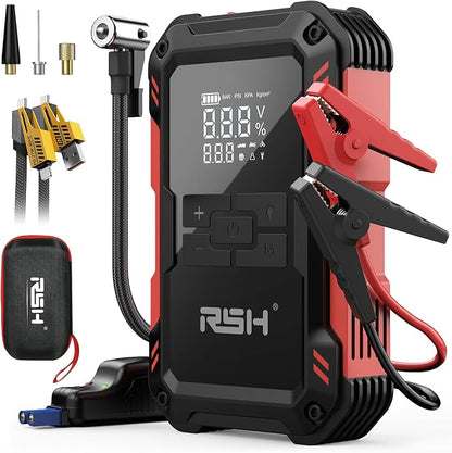Car Jump Starter with Air Compressor 4000A Peak Battery Jump Starter 14.8V,150PSI Inflator Auto Booster 15000MA Jump Box (up to 10L Gas,8L Diesel Engine),LED Light with Quick Charger USB & Type C