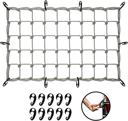 Mockins 36"x20" Heavy Duty Cargo Net for Pickup Truck, SUV, & Car | Elastic Truck Bed Cargo Net Stretches Up to 75"x40" | 6mm Thick Bungee Net with Hooks & 4"x4" Mesh Squares for Bulky & Small Loads