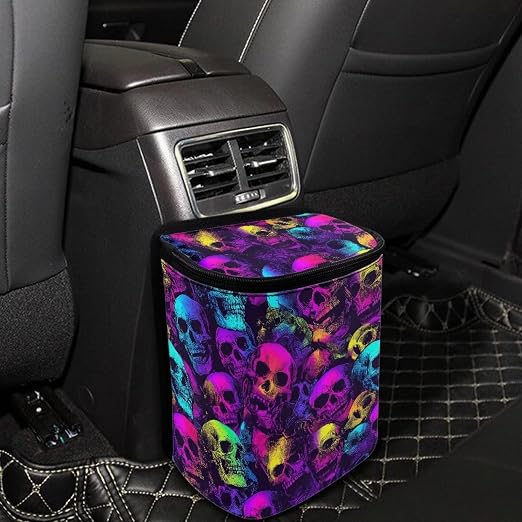 Talayituse Colorful Skull Print Car Trash Bin, Large Size Auto Trash Can Adjustable Portable Garbage Can with Lid, Vehicle Hanging Bag for Headrest Front Back Seat