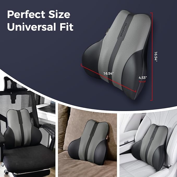 Coverado Lumbar Support Pillow for Car, Ergonomic Memory Foam Back Pillow for Office Chair, Back Cushion for Back Pain Relief, PU Leather Car Lumbar Support for Driving Seat - Black&Gray
