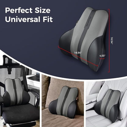 Coverado Lumbar Support Pillow for Car, Ergonomic Memory Foam Back Pillow for Office Chair, Back Cushion for Back Pain Relief, PU Leather Car Lumbar Support for Driving Seat - Black&Gray
