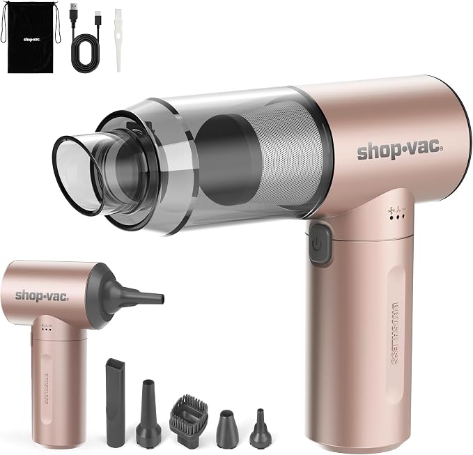 Shop-Vac S4 Handheld Car Vacuum Cleaner Cordless, 16000Pa 3-in-1 Mini Hand Vacuum & Air Duster with Brushless Motor, Multi-Nozzles, Rechargeable, for Car, Office, and Home Detail Cleaning (Champagne)