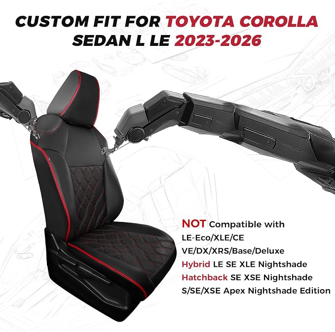 FREESOO for Toyota Corolla Seat Covers LE 2023 2024 2025 2026, Custom Fit Car Seat Covers Full Set, Waterproof Car Seat Cover Protector, Luxury Leather Seat Covers for Cars, Black Red Full Set