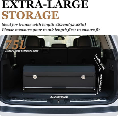 Car Trunk Organizer, Leather Car Trunk Storage Organizer with Lid and Sturdy Handle Car Organizer Storage Box Suv Trunk Organizer (Black, 32.3 x 11.4 x 12.2in)