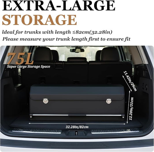 Car Trunk Organizer, Leather Car Trunk Storage Organizer with Lid and Sturdy Handle Car Organizer Storage Box Suv Trunk Organizer (Black, 32.3 x 11.4 x 12.2in)