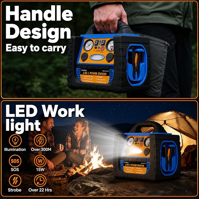 Car Jump Starter with Air Compressor, 1800A Battery Booster Pack for Up to 8.0L Gas & 6.0L Diesel, 150PSI Tire Inflator, 400W Portable Power Station with AC Outlet, 6-in-1 Jump Box for Cars, Trucks