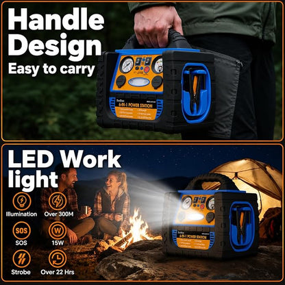 Car Jump Starter with Air Compressor, 2200A Battery Booster Pack for Up to 8.0L Gas & 6.0L Diesel, 150PSI Tire Inflator, 400W Portable Power Station with AC Outlet, 6-in-1 Jump Box for Cars, Trucks