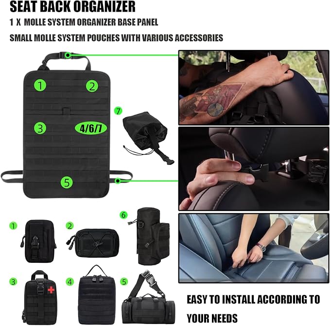 7 PACK Tactical Seat back organizer Truck organizer With 6 Detachable Pouches Universal For Car Truck Ford Jeep Military-Grade Heavier Panels With Multi-functional Packs (8 Pack Black)