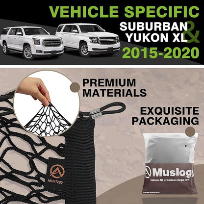 Muslogy Truck Bed Cargo Net Trunk Netting Compatible with 2015-2020 Chevy Suburban | GMC Yukon XL Accessories, Pickup Cargo Organizer SUV Sedan Storage Net w/Heavy Duty Carabiners