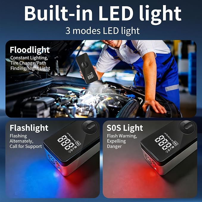 Jump Starter with Air Compressor,14.8V 8000A Peak Portable Car Battery Jump Starter Jump Box,150PSI Car Air Pump Tire Inflator Battery Charger with LED Light, LCD Display