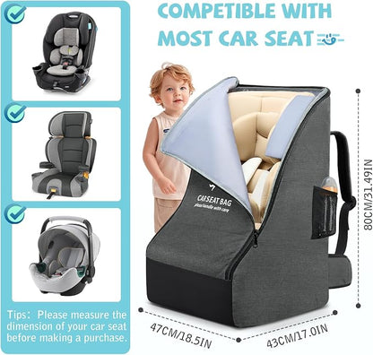 RAINSMORE Car Seat Travel Bag for Airplane Padded Carseat Backpack Heavy-duty Car Seat Cover for Air Travel Infant Car Seat Carrier Bag with Shoulder & Waist Strap, Fits Most Car Seat & Booster Seats