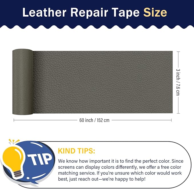 Zenyao Leather Repair Patch Tape - Self Adhesive Leather Repair Kit for Car Seat Furniture, Heavy Duty Vinyl Repair Patch for Couch Sofa, Waterproof Fix for Tears, 3x60 Inch Roll, Light Grey