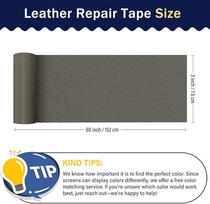 Zenyao Leather Repair Patch Tape - Self Adhesive Leather Repair Kit for Car Seat Furniture, Heavy Duty Vinyl Repair Patch for Couch Sofa, Waterproof Fix for Tears, 3x60 Inch Roll, Light Grey