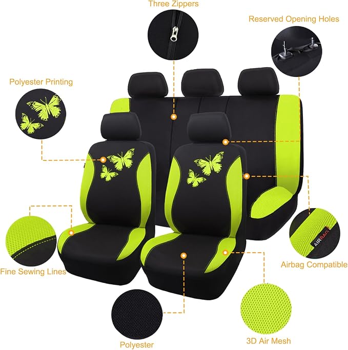 Flying Banner Butterfly car seat Covers ful Set Fashion Universal Lady Woman Female Rear Bench Split Colorized (Green, Full Set)