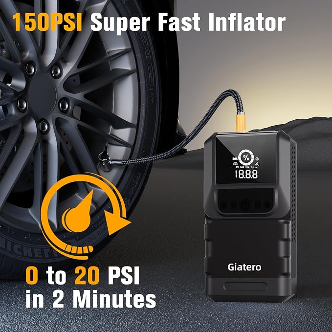 Q13 6000A Portable Car Jump Starter with Air Compressor 150PSI, Car Jumper Starter Portable(10.0L Gas/8.0L Diesel), 12V Jump Box with 3 Modes Flashlight & Jumper Cable, LCD Display Power Bank