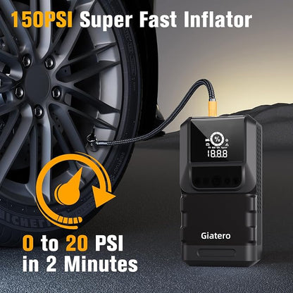 Q13 6000A Portable Car Jump Starter with Air Compressor 150PSI, Car Jumper Starter Portable(10.0L Gas/8.0L Diesel), 12V Jump Box with 3 Modes Flashlight & Jumper Cable, LCD Display Power Bank