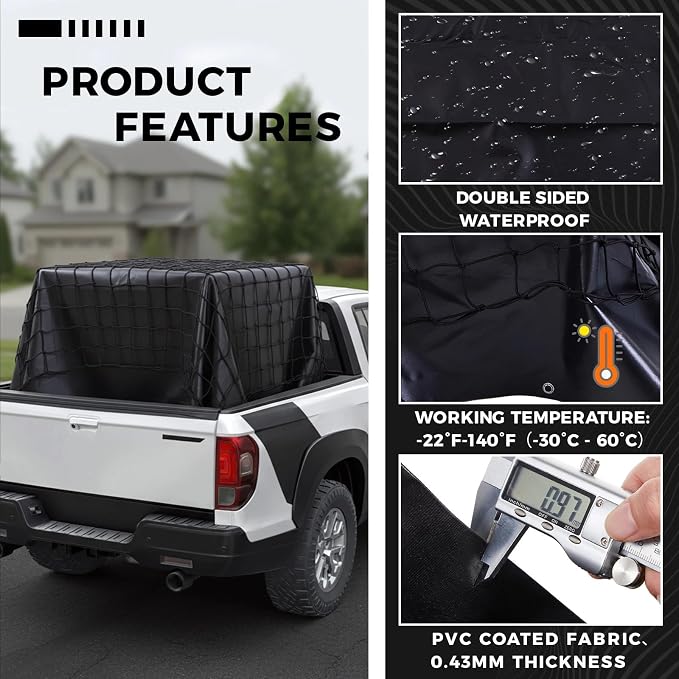 Breling 4 in 1 Cargo Net for Pickup Truck Bed 4'x6' Stretches to 8'x12' with Black Waterproof Pickup Truck Bed Tarp 5'x7' Heavy Duty Cargo Net Cover and Tie Down System 12 Clips 1 Bag for SUV Trailer