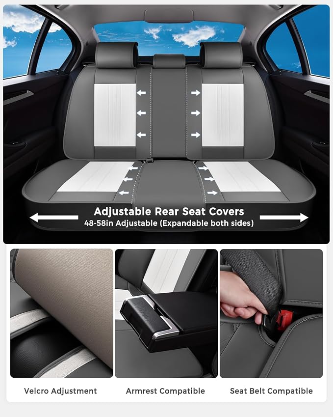 Huidasource Automotive Seat Covers, Luxury Faux Leather Seat Covers Leather, Velcro Adjustable, with Airbags, Child Seat, Cooling＆Heating, Universal Fit for Most Cars, Vans, Trucks, SUVs, Gray＆White