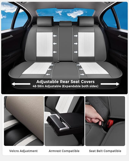 Huidasource Automotive Seat Covers, Luxury Faux Leather Seat Covers Leather, Velcro Adjustable, with Airbags, Child Seat, Cooling＆Heating, Universal Fit for Most Cars, Vans, Trucks, SUVs, Gray＆White