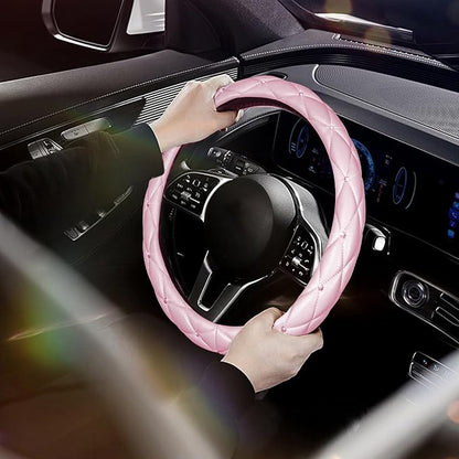 SuperKaKa Pink Steering Wheel Cover 2026, Auto Cute Diamond Bling Comfort Leather Girly Car Interior Accessories Protector Sparkly Automotive Decoration for Women Girl Coquette