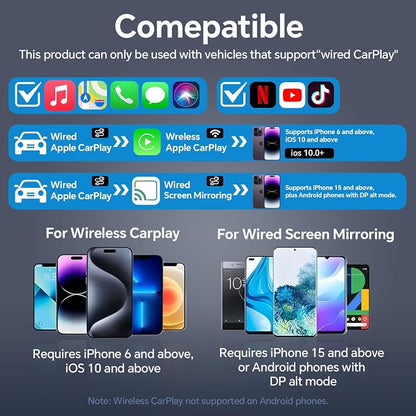 Car Screen Mirroring Adapter with Wireless CarPlay - Supports Watching Any App (YouTube, Net-Flix, TikTok, etc.), Compatible with Factory-CarPlay Equipped Vehicles