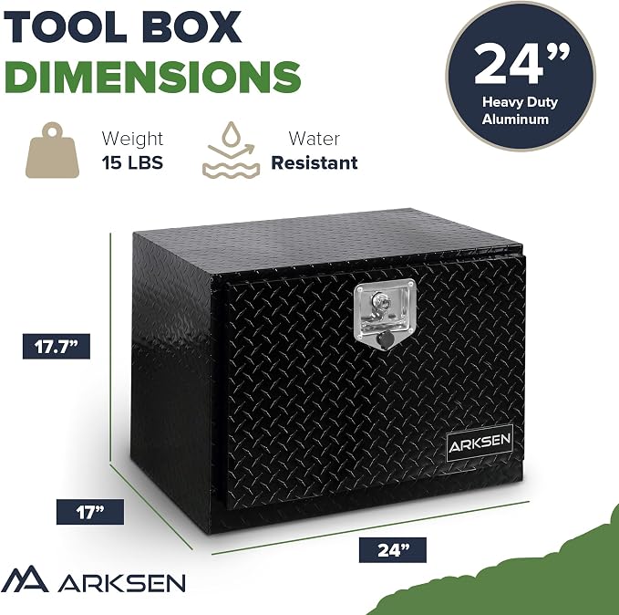 ARKSEN 24 x 17 x 18 Inch Underbody Tool Box, Heavy Duty Aluminum Diamond Plate Waterproof Square Storage Organizer Chest with T-Handle Lock & Keys for Pickup Truck, RV & Trailer – Black