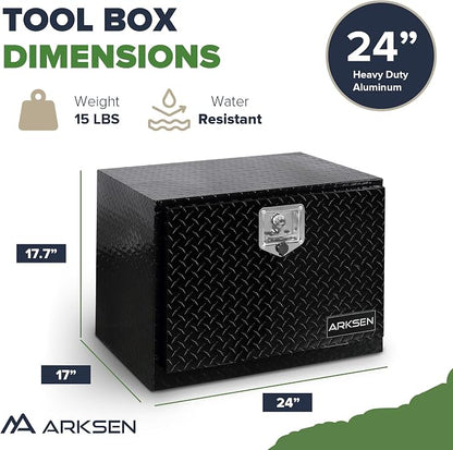 ARKSEN 24 x 17 x 18 Inch Underbody Tool Box, Heavy Duty Aluminum Diamond Plate Waterproof Square Storage Organizer Chest with T-Handle Lock & Keys for Pickup Truck, RV & Trailer – Black