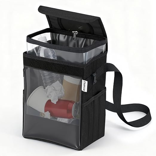 Ryhpez Car Trash Can with See Through Window, Clear Black Multipurpose Car Organizer Storage with Removable Liner, Leakproof Car Garbage Container for Vehicles, SUV, Truck (2.1Gallon/8L)
