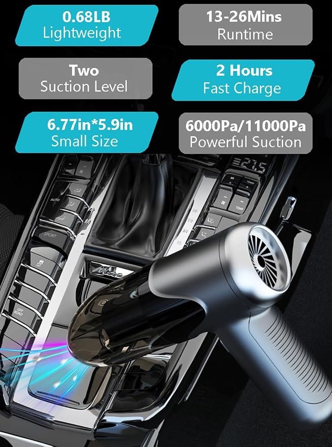 TEZILON Cordless Handheld Car Vacuum Cleaner 3-in-1 High Suction Portable Rechargeable Mini Vacuum, USB Charging, HEPA Filtration, 26Min Runtime, Lightweight for Car Interior Home Office Pet Hair