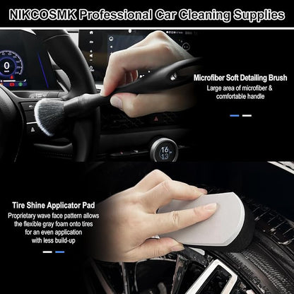 9Pcs Car Wheel & Tire Brush Kit, Wheel Cleaner Brush, Soft-bristled Rim Brush, Tire Shine Applicator Pad, Car Wash Mitt, Towel, Car Detailing Cleaning Wash Brush Supplies Kit