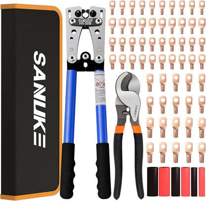 Sanuke Battery Cable Crimper for AWG 10, 8, 6, 4, 2, 1/0 Gauge Ring Terminals, Battery Cable Crimping Tool with Heavy Duty Cutter, 60pcs Copper Wire Lugs & Heat Shrink Tubing, Portable Black Bag