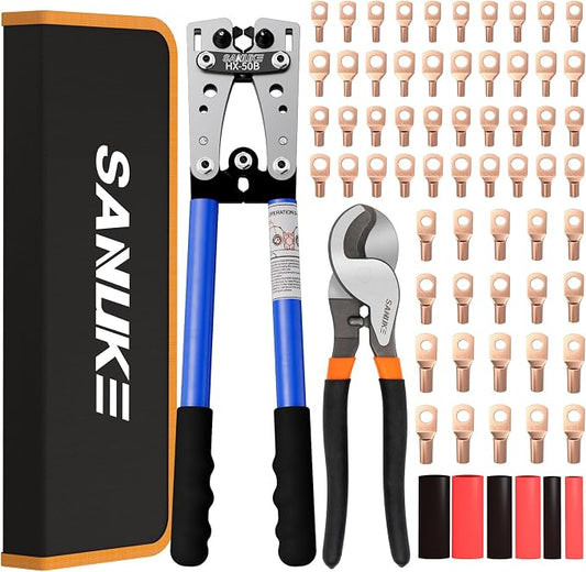 Sanuke Battery Cable Crimper for AWG 10, 8, 6, 4, 2, 1/0 Gauge Ring Terminals, Battery Cable Crimping Tool with Heavy Duty Cutter, 60pcs Copper Wire Lugs & Heat Shrink Tubing, Portable Black Bag