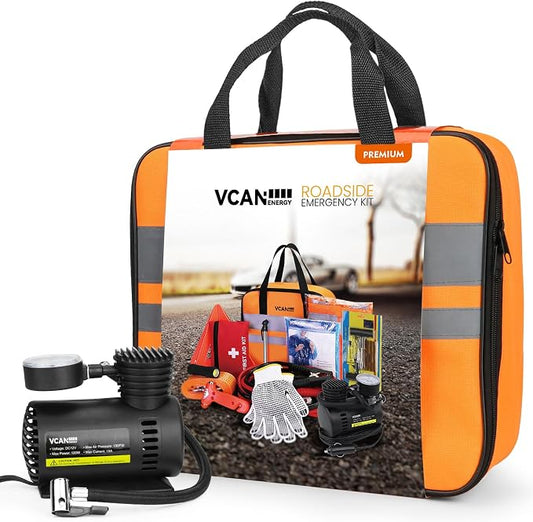 VCANENERGY Car Emergency Safety Kit Bag with Portable Air Compressor, Jumper Cables,First Aid Kit, Tire Pressure Gauge, Auto Vehicle Safety Road Side Assistance Kits Essentials,for Women, Men, Teen