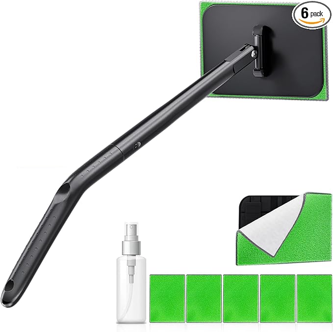 Car Windshield Cleaner Tool with Extendable Handle, Inside Auto Window Glass Cleaning Kit with 5 Washable Microfiber Pads, Streak-Free Defogger Wand for Deep Dashboards & SUVs