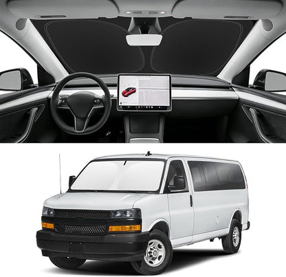 Custom Fit Windshield Sun Shade for Chevy Express 1996-2026, Blocks UV & Heat, Front Window Sunshade Accessorie, Easy Fold & Store Keep Your Car Cooler