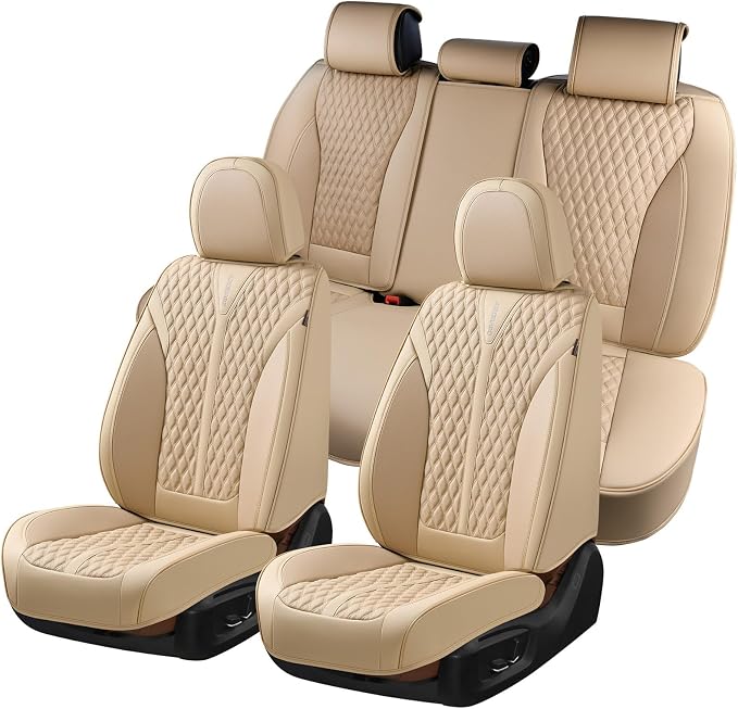 Coverado Car Seat Covers Full Set, Waterproof Nappa Leather Seat Covers for Cars, Front and Back Car Seat Protector, Luxury Car Seat Covers, 5 Seats Universal Beige Car Seat Cover Fit for Most Cars