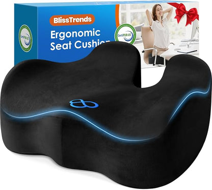 BlissTrends Extra Thick Seat Cushion for Office Chair & Car Seat, Black | Tailbone & Sciatica Relief, Ergonomic Support, High-Density Memory Foam, Comfort for Extended Sitting