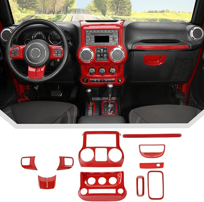 JeCar 10pcs Full Red Interior Trim Kit Fit for Jeep Wrangler JK 2011-2017