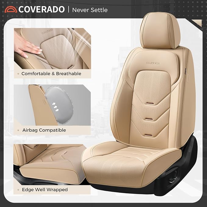 Coverado Car Seat Cover Full Set, Front and Rear Seat Cover for Car, Leather Car Seat Protector, Beige Universal Seat Covers, Waterproof Car Seat Cushion, Automotive Seat Covers Fit for Most Vehicles
