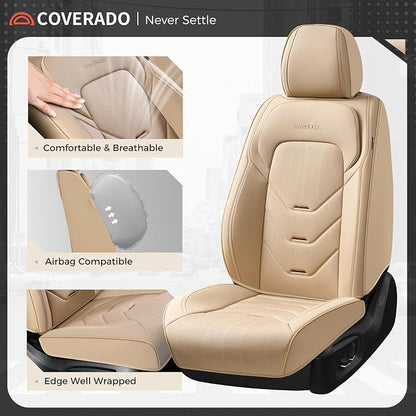 Coverado Car Seat Cover Full Set, Front and Rear Seat Cover for Car, Leather Car Seat Protector, Beige Universal Seat Covers, Waterproof Car Seat Cushion, Automotive Seat Covers Fit for Most Vehicles