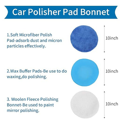 10PCS 9-10 inch Polisher Pad Bonnet Orbital Car Buffing Polishing Pad Cover - 5PCS Microfiber, 3PCS Wax Buffer, 2PCS Woolen Fleece Polishing Bonnet