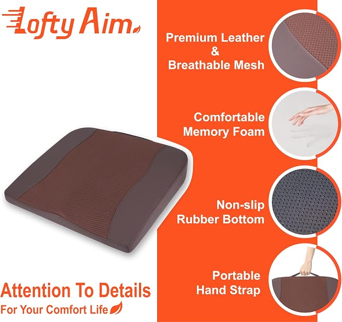 Lofty Aim Car Seat Cushion, Comfort Memory Foam Car Cushions for Driving - Sciatica & Lower Back Pain Relief, Driver Seat Pillow for Auto, Office Chair, Wheelchair - Brown